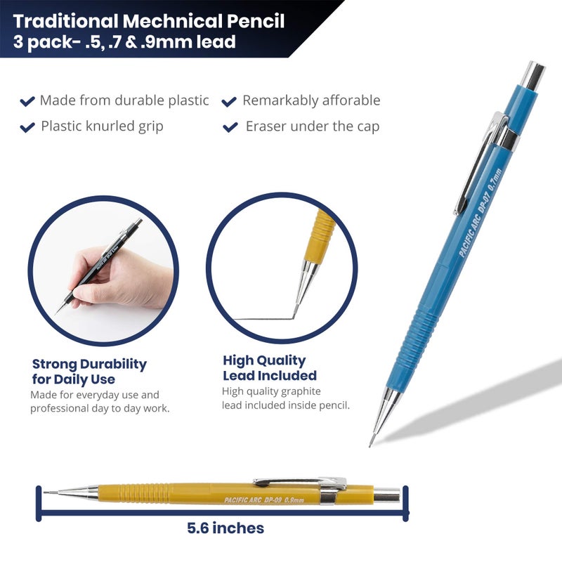Pacific Arc Mechanical Pencil Set, .5 mm, .7mm, .9 mm Mechanical Pencil with 3 Spare Erasers, Refillable Lead Pencil Holder for Drafting, Sketching, and Drawing - Image 3